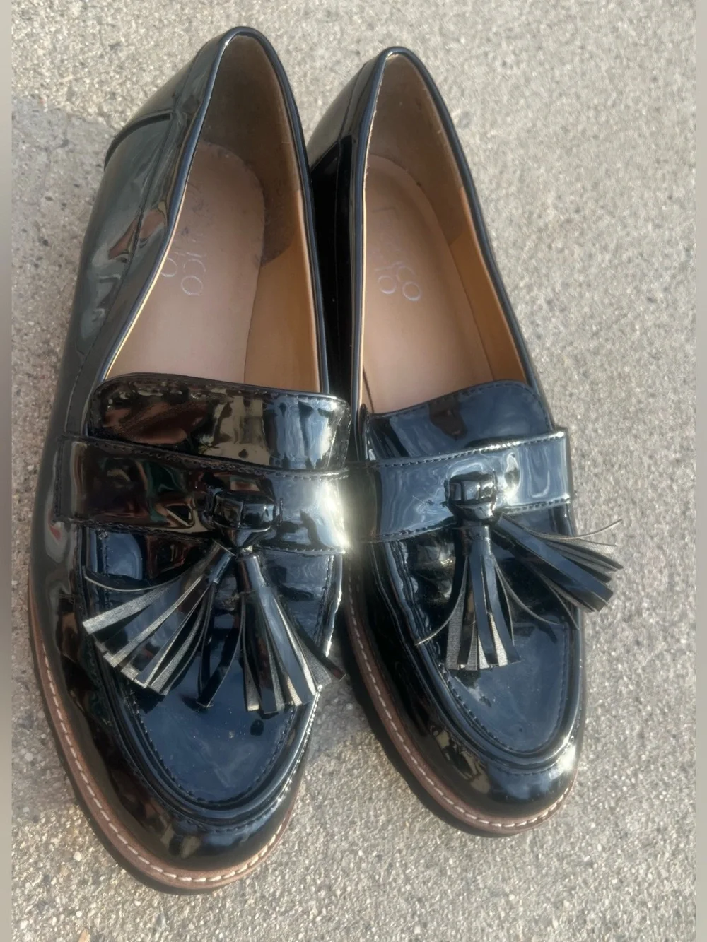 Franco Sarto Carolynn Black Patent Tassel Loafers Lug Sole Slip On Shoes SZ 8.5
